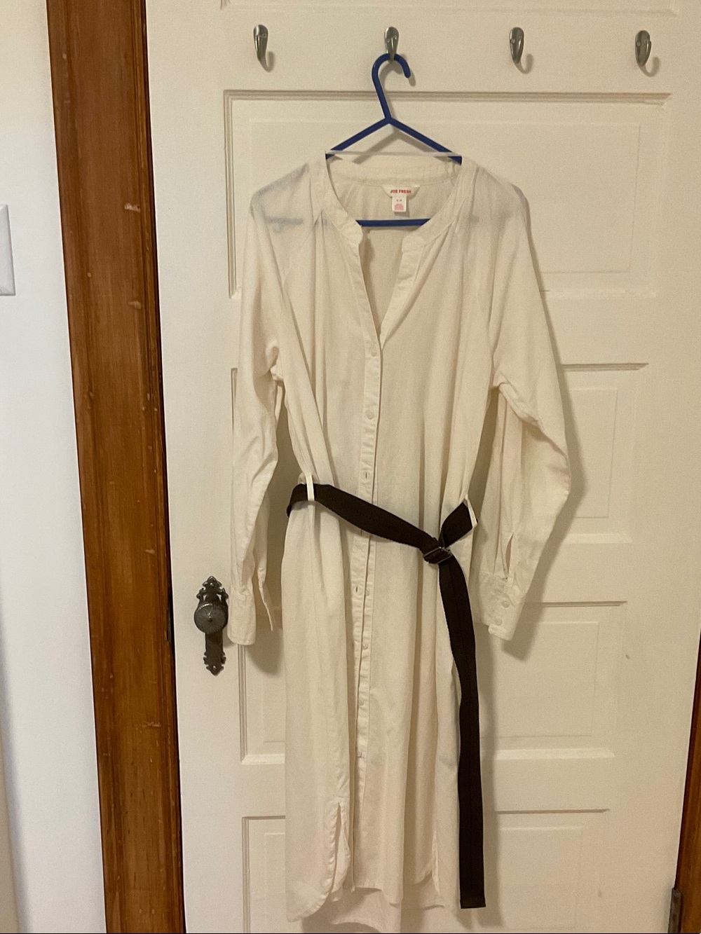 Joe Fresh White Ivory Shirt Dress with Dark Olive Green Belt